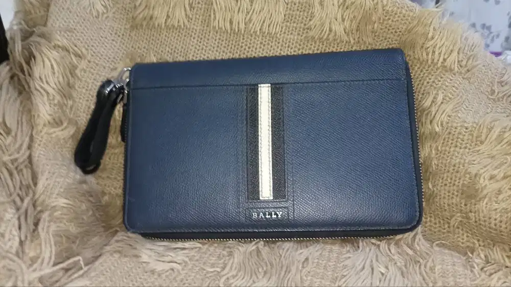 Dompet BALLY TELEN STRIPE BLACK NAVY LEATHER ZIP LONG WALLET 100% ORI