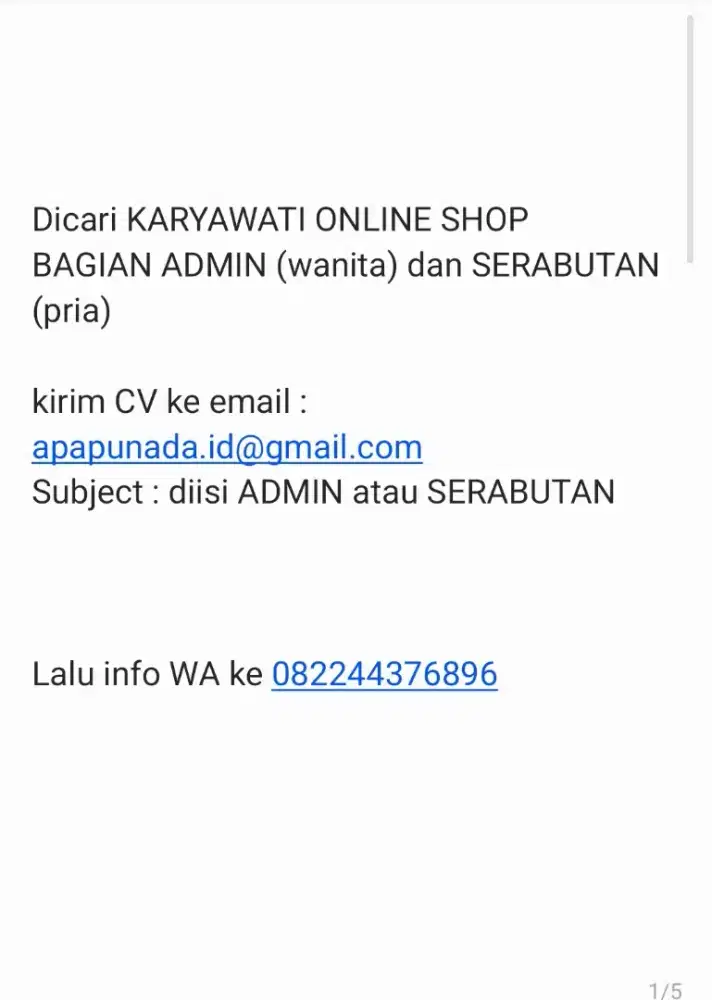 Dicari KARYAWATI ONLINE SHOP
BAGIAN ADMIN (Wanita) dan SERABUTAN(Pria)