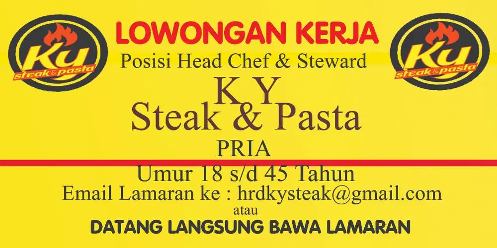 DICARI SEGERA HEAD CHEF & STEWARD UNTUK RESTORAN