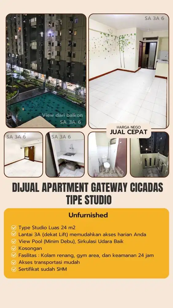 Dijual Cepat! Apartment Gateway Cicadas - Tipe Studio (Unfurnished)