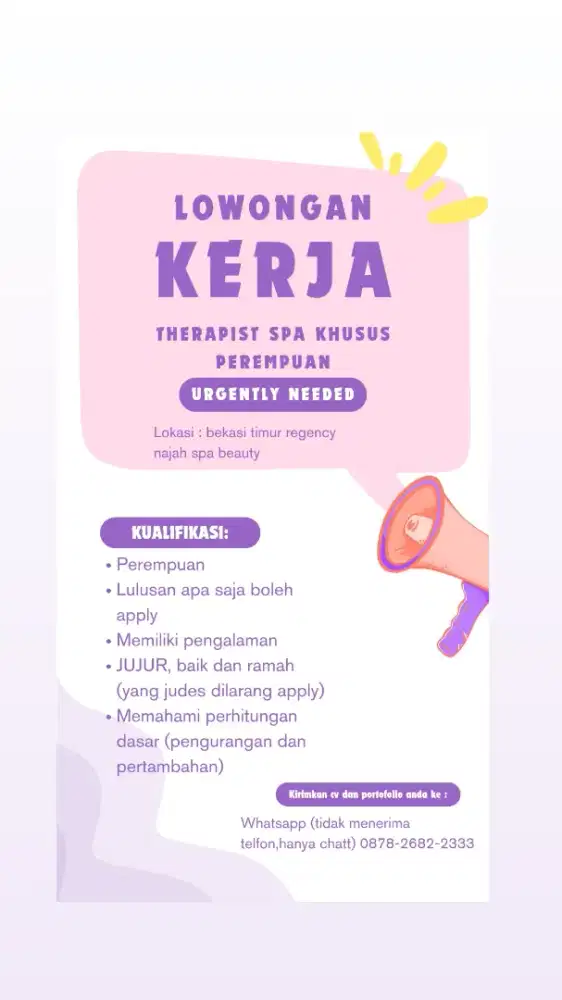 Dibutuhkan cepat therapist untuk salon spa khusus perempuan
