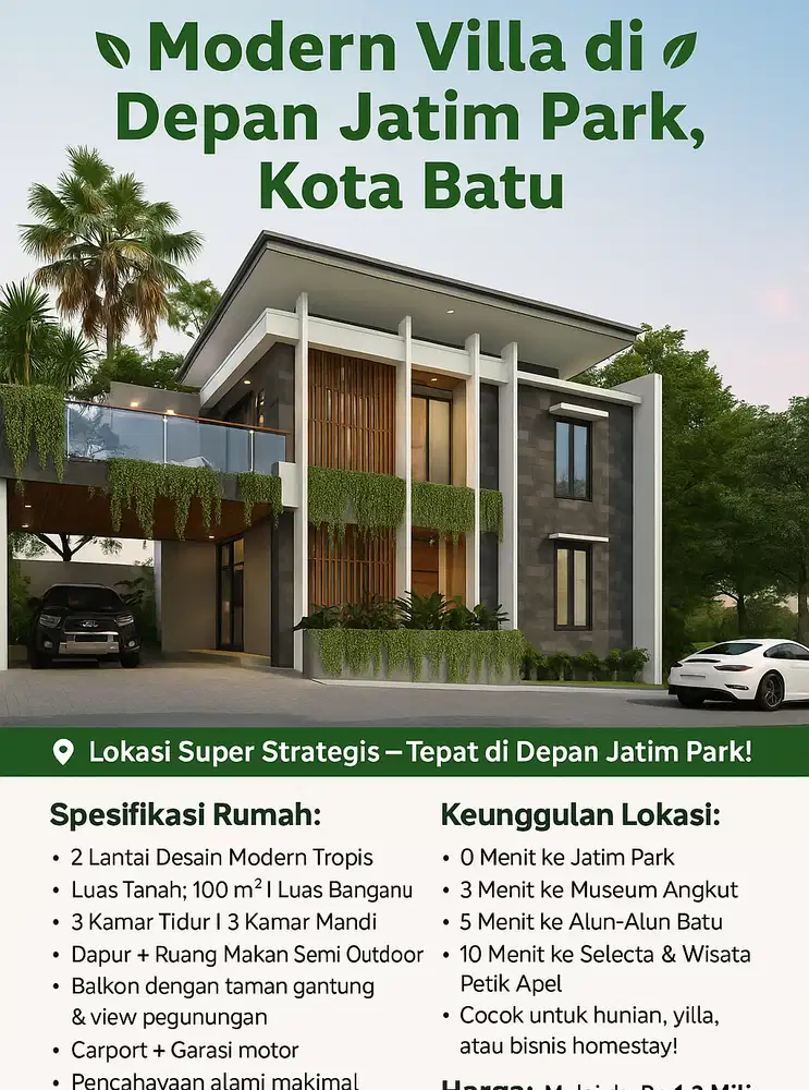 Dijual rumah Villa akses mobil depan BNS kota batu
