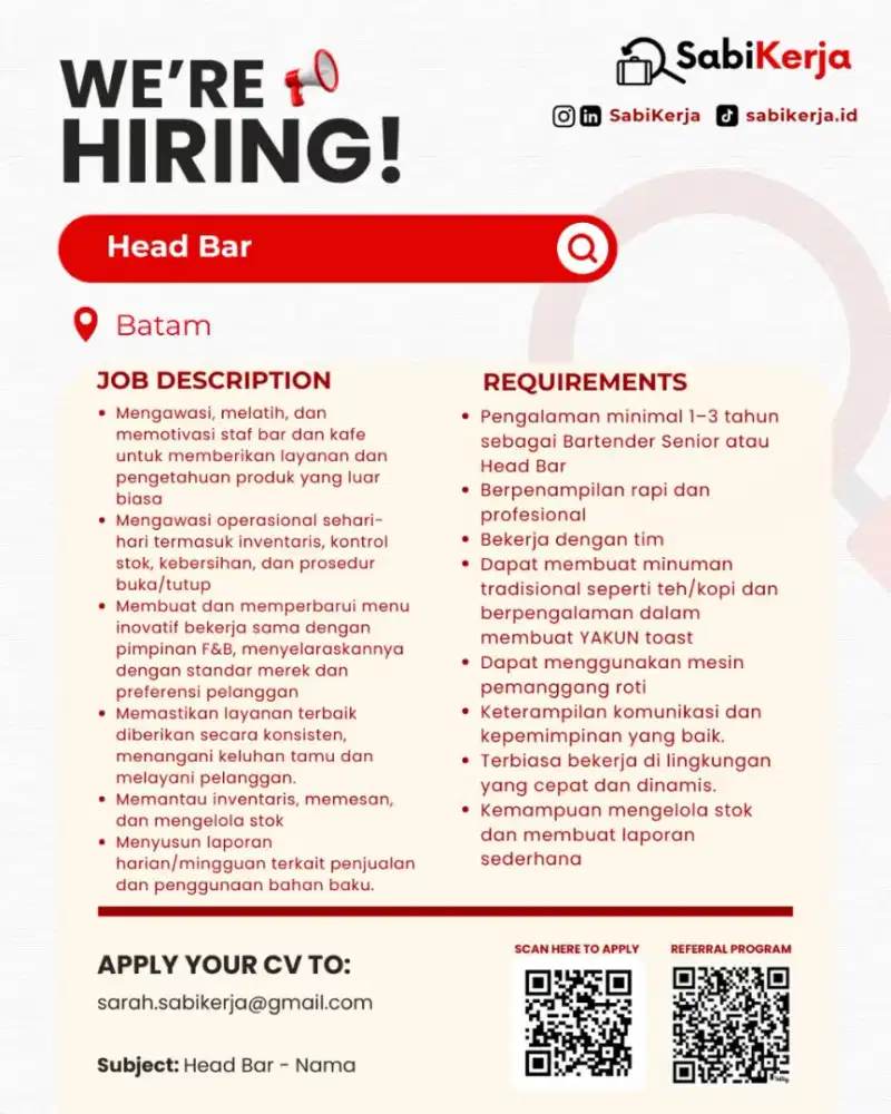 Job Opportunity - Head Bar (Batam)