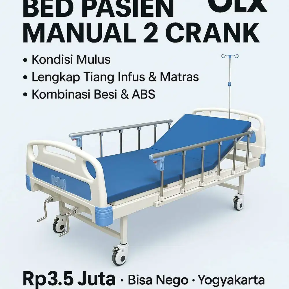 Bed Pasien Manual 2 Crank – Lengkap Tiang Infus & Matras – Bekas Mulus