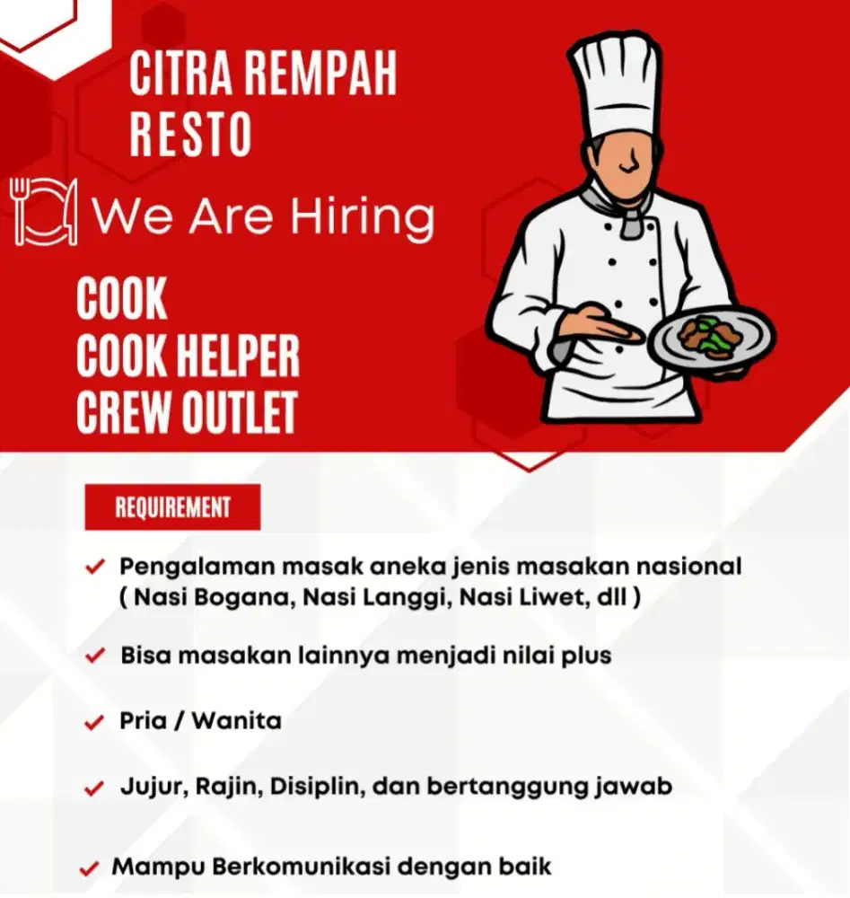 Dibutuhkan Segera Cook, Cook Helper, Crew Outlet RESTO