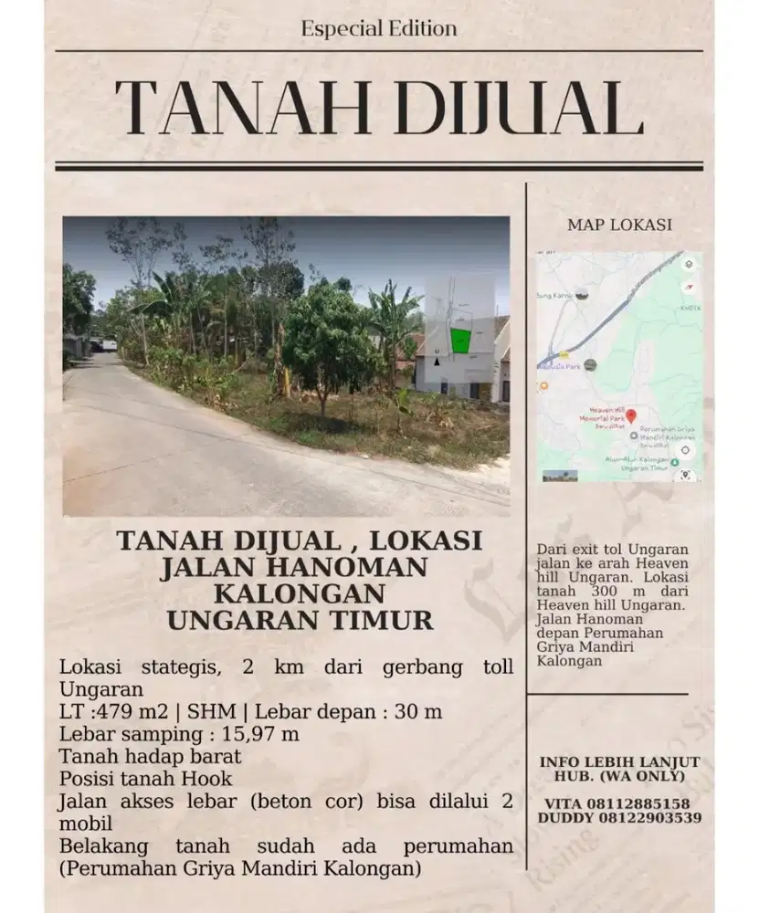 Dijual tanah SHM LT 479 lokasi strategis di Ungaran Timur