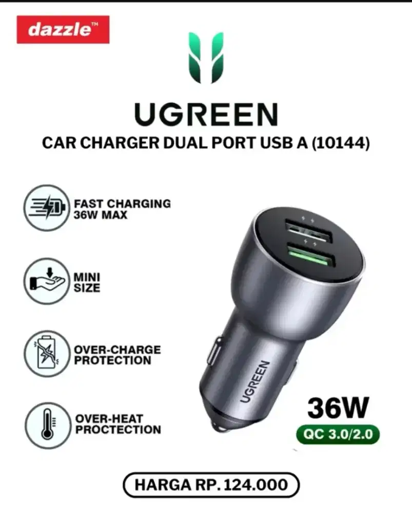 Ugreen car charger dual port USB A 36watt