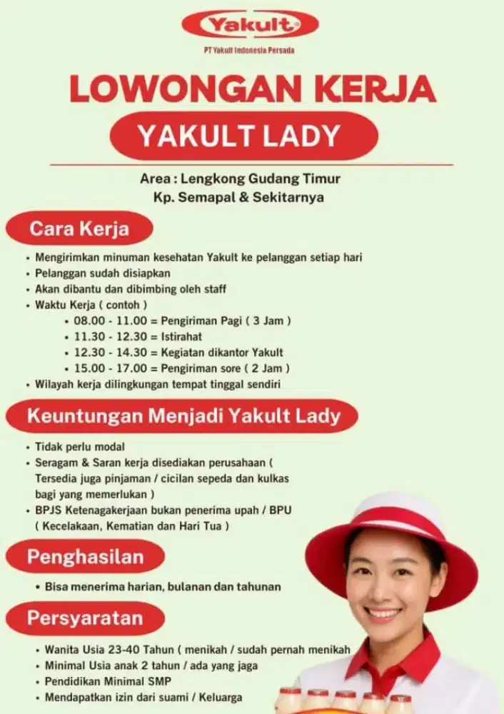 DIBUTUHKAN YAKULT LADY (Domisili Lengkong Gudang , Serpong, Tangsel)