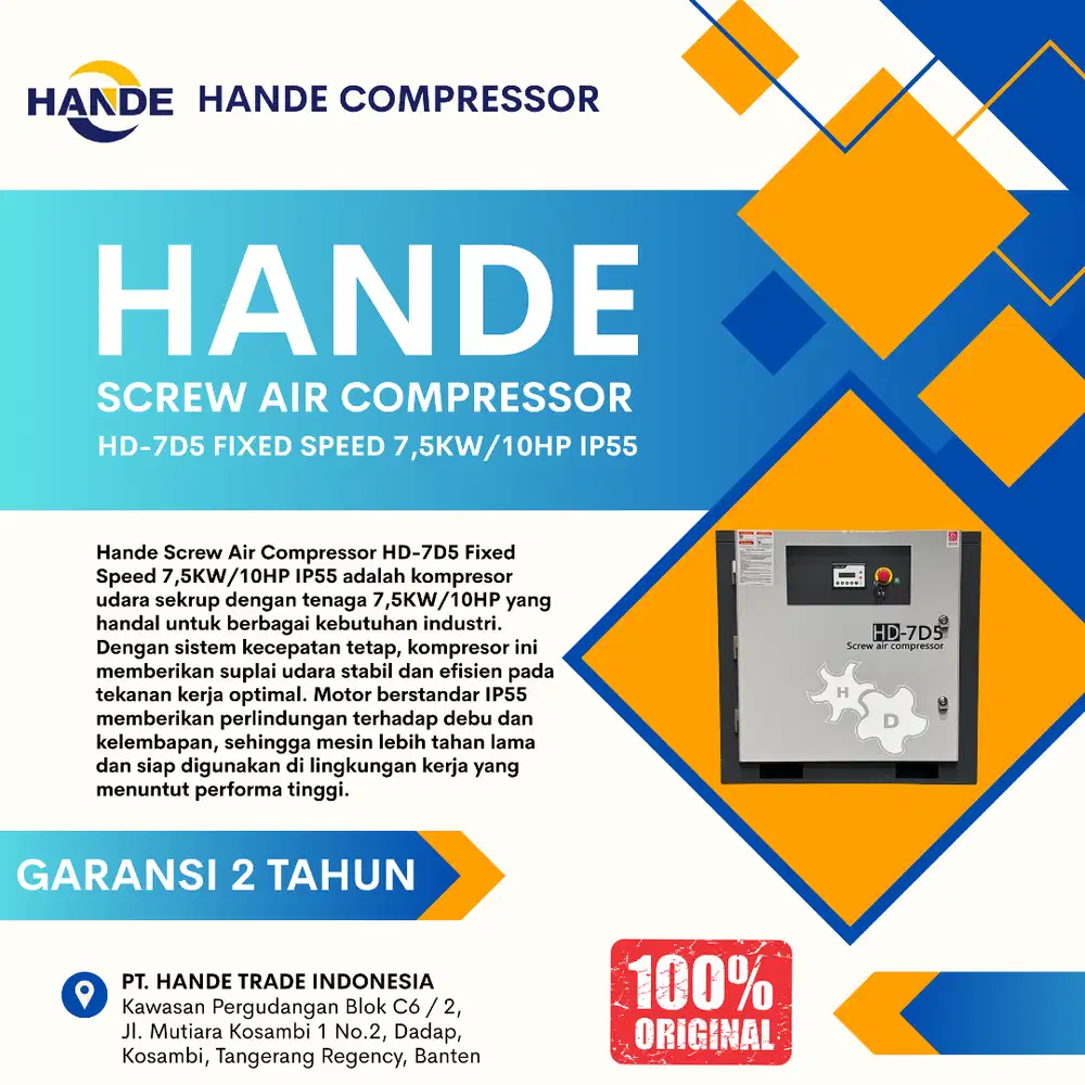 Hande Screw Air Compressor HD-7D5 FIXED SPEED 7,5KW/10HP IP55 8Bar