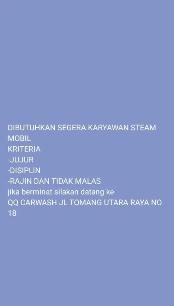 Di butuhkan karyawan steam mobil