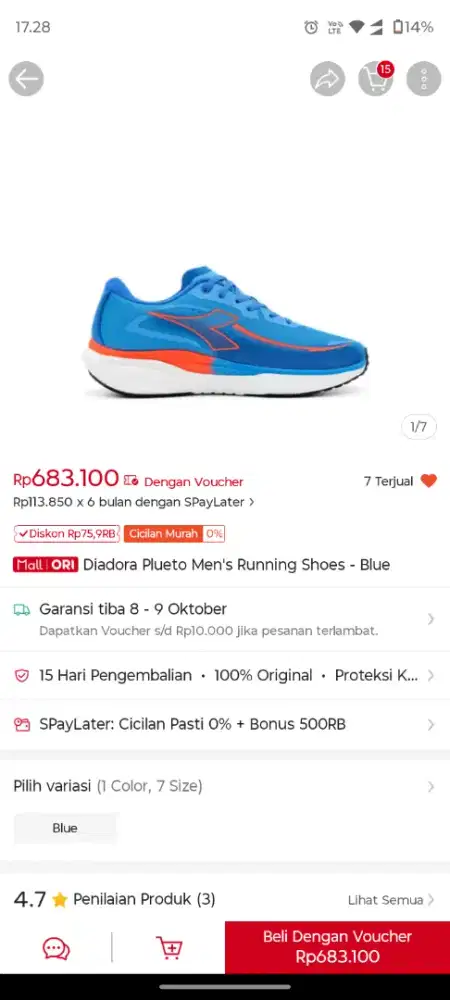 Diadora Plueto Sepatu Running size 42