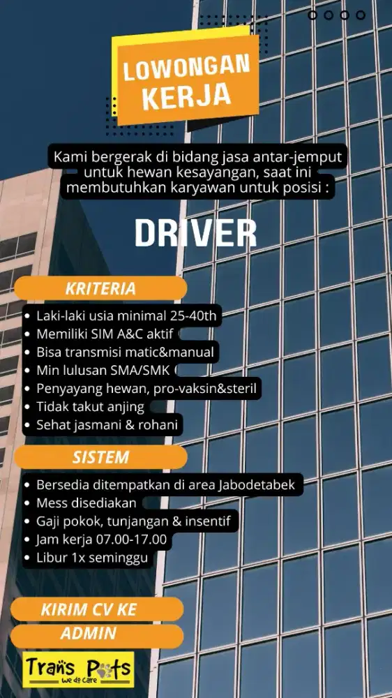 Lowongan Driver (1 orang) & Admin medsos (1 orang)