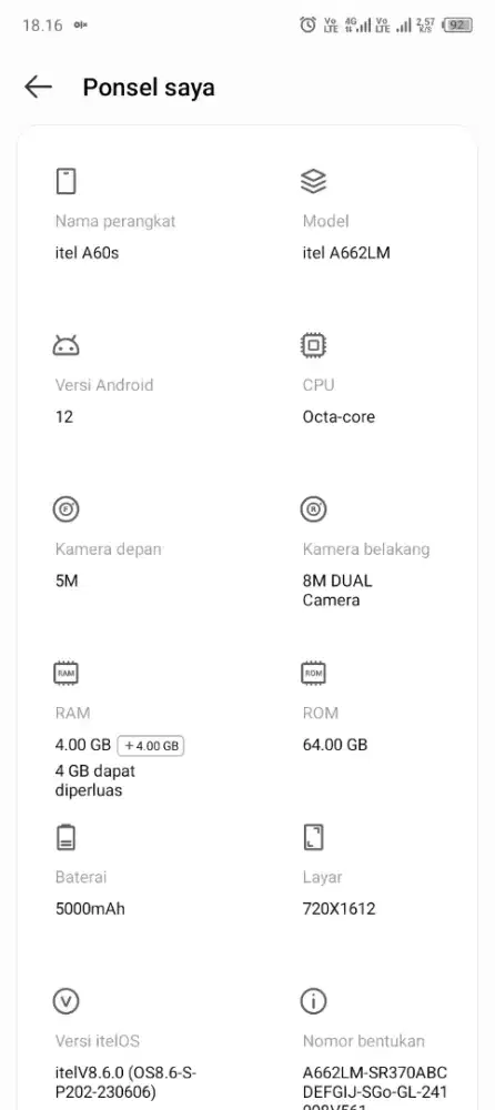 Jual cepat Hp itel a60s