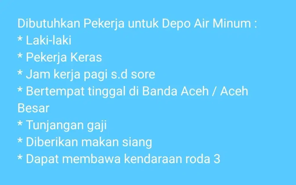 Dibutuhkan pegawai untuk depo air minum
