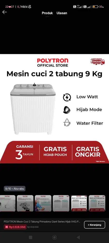 Polytron Mesin Cuci 2 Tabung 9 Kg PWM-9076