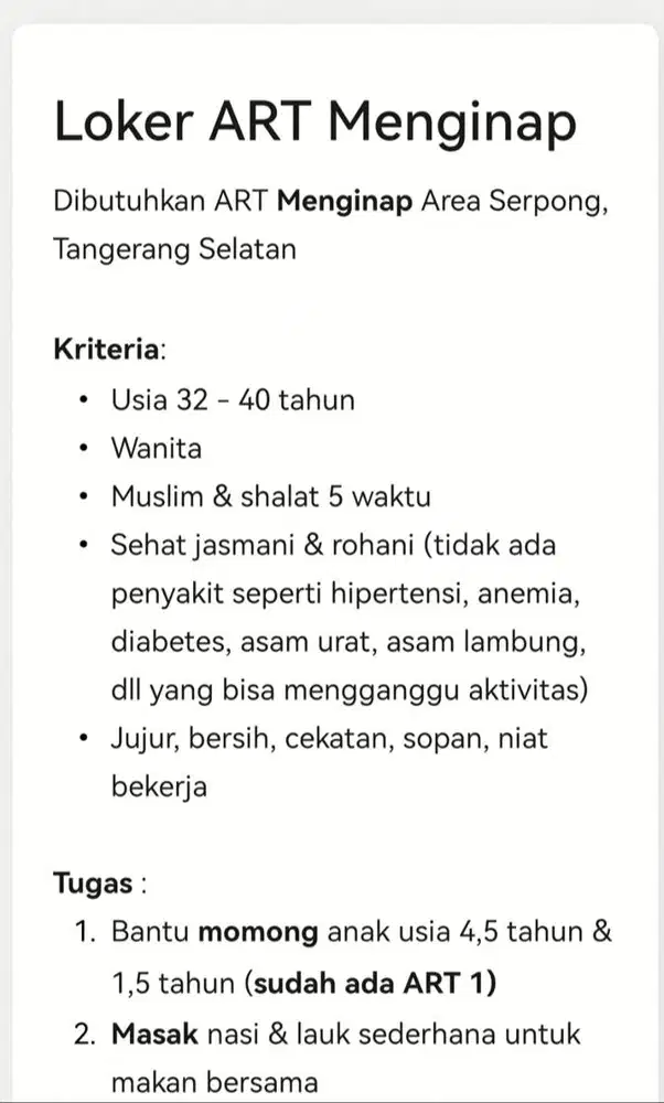 ART Menginap, sudah ada ART 1
