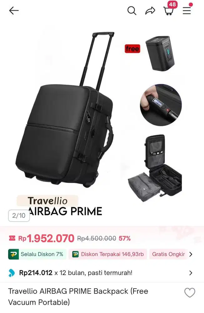 Jual Murah Tas Travelio Airbag Prime Backpack (Free Vacum Portable)