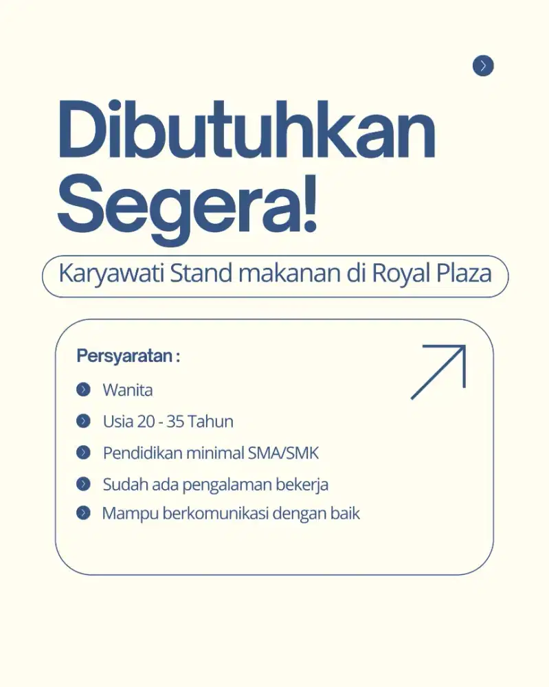 Dicari Karyawati stand makanan di Royal Plaza