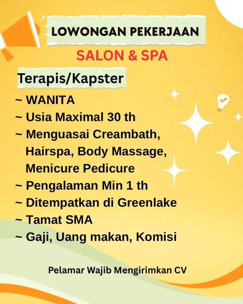 Lowongan Terapis di Salon Green Lake
