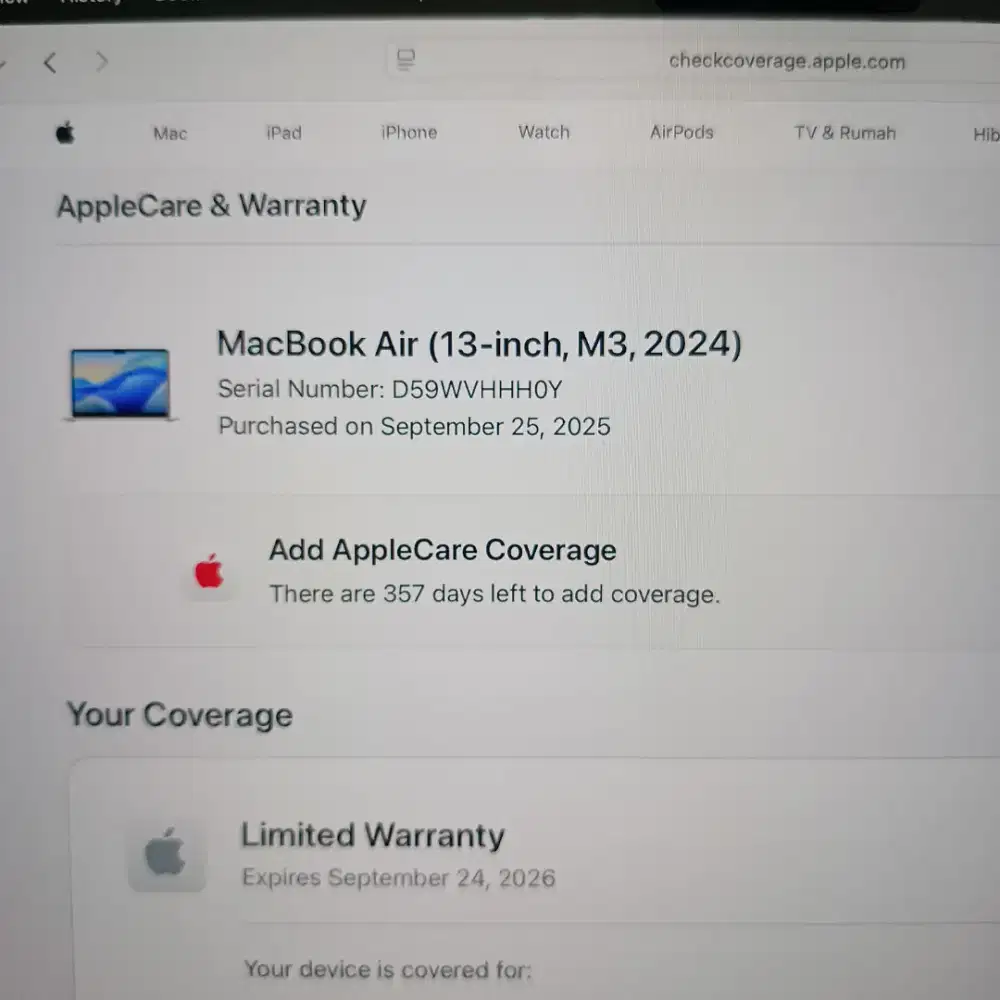 MACBOOK AIR M3 16/256 GARANSI ON SEPTEMBER 2026 MULUS EX DISPLAY IBOX