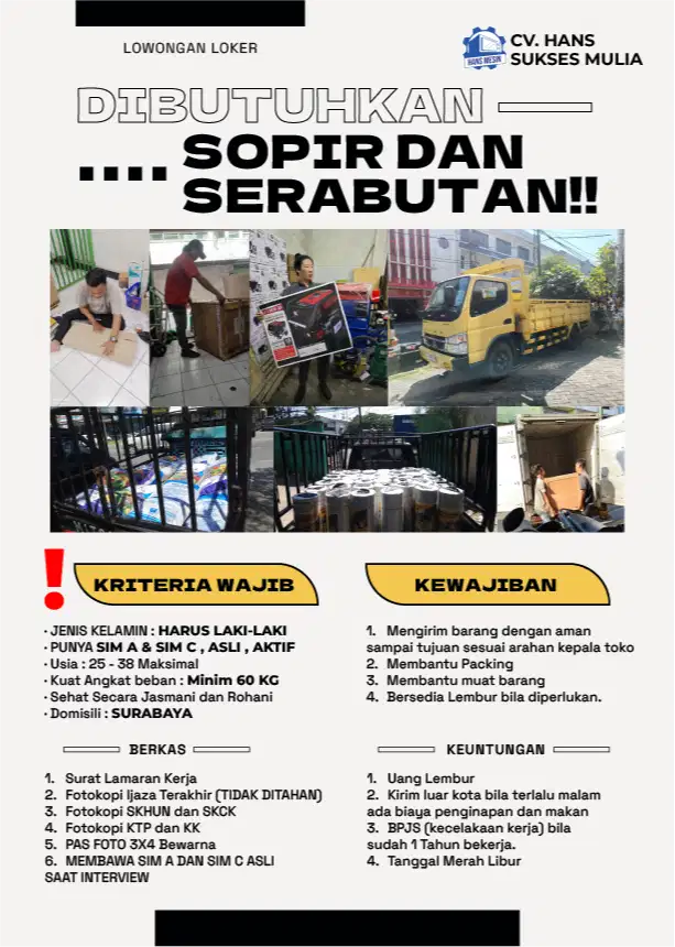 Dibuka Loker / Dicari / Dibutuhkan SERABUTAN / STAF GUDANG / SOPIR