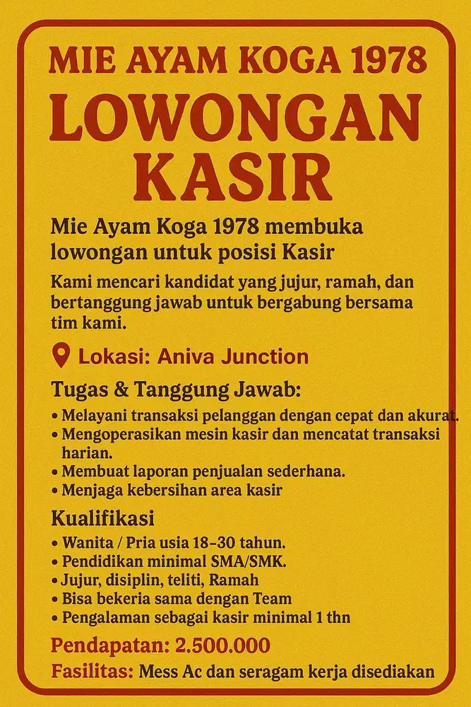 Lowongan Kerja Kasir Wanita Mie Ayam Koga 1978