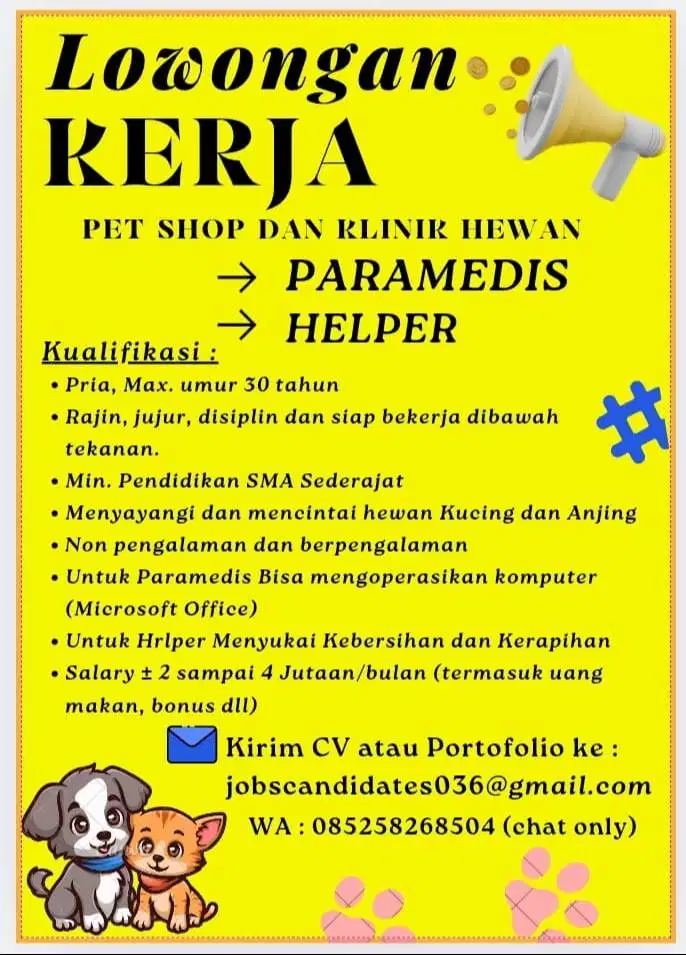 Lowongan kerja di Pet Shop dan Klinik Hewan