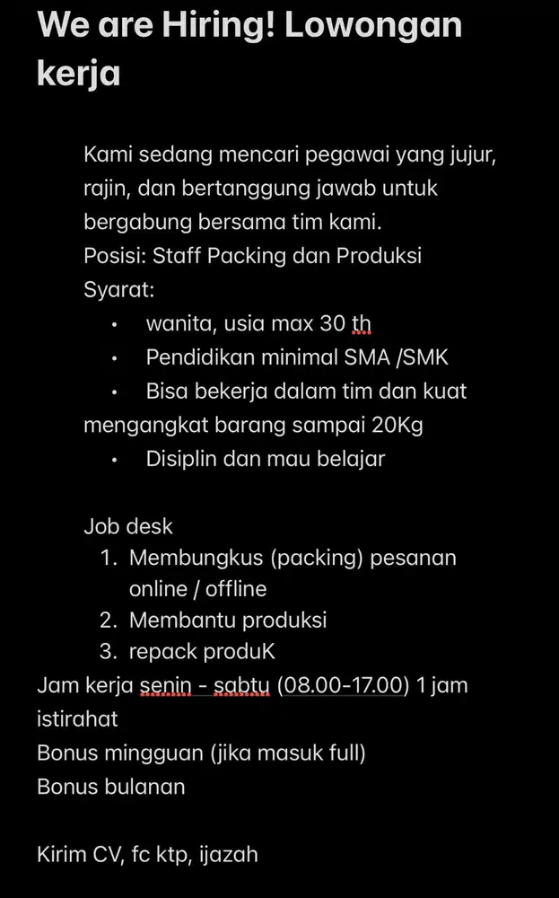 Lowongan Kerja Staf Packing dan produksi