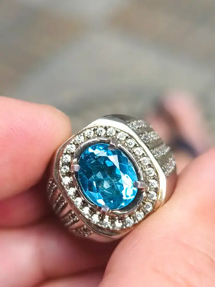 Cincin Batu blue topaz London 3.75 crat ring perak memo MRI