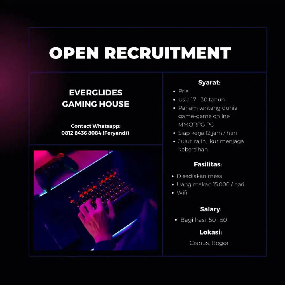 Di butuhkan 1 orang pegawai untuk kerja game online komputer