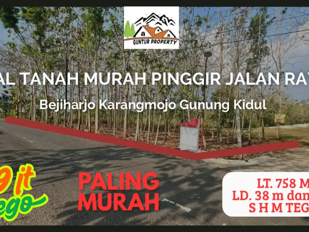 Jual tanah turun harga pinggir jalan raya Bejiharjo Wonosari Gunung Kidul