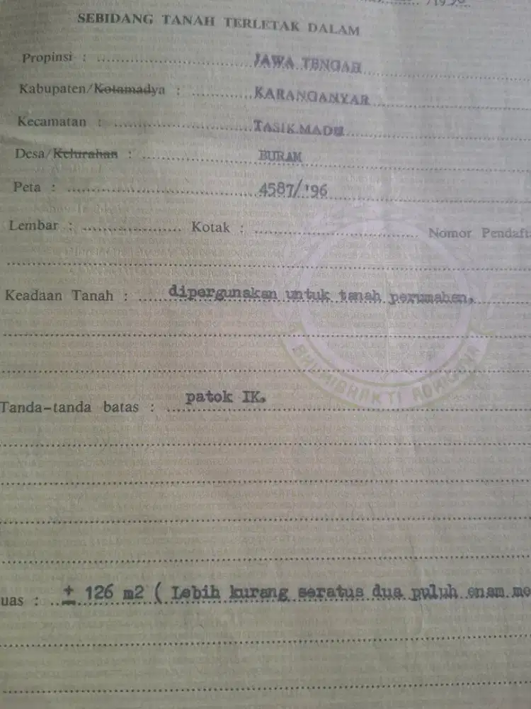 Dijual tanah pribadi SHM di Buran, Karanganyar
