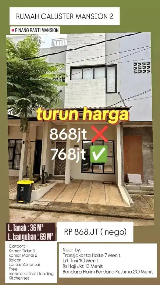 Rumah Second 5menit LRT TMII, TJ, TOL. Bs KPR. Jual rugi