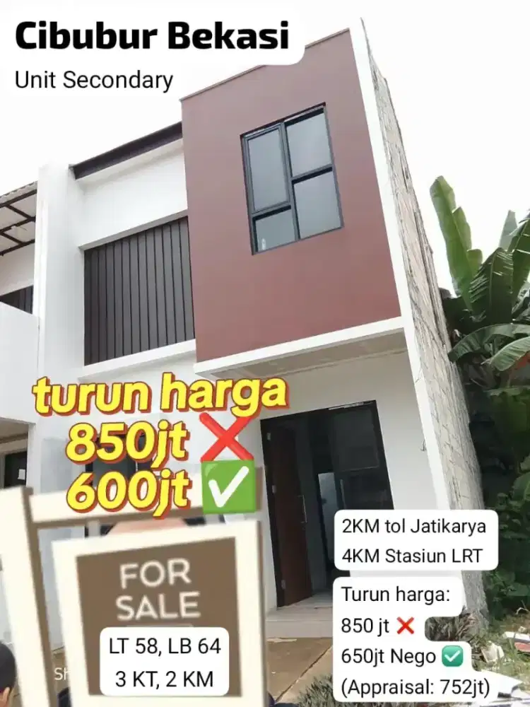 Rumah Second rasa Baru. Belum pernah ditempati. JUAL RUGI. 10menit LRT