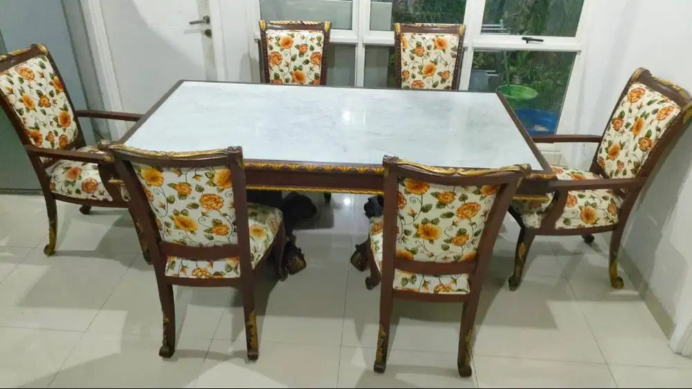 FURNITURE MEJA MAKAN JATI MARMER ANTIK MEWAH