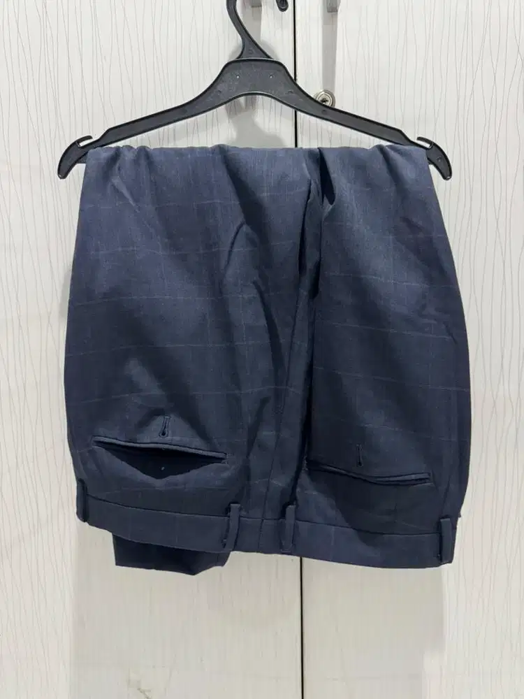 Merek RIBSGOLD Celana Panjang Pria Casual Kotak-Kotak Biru