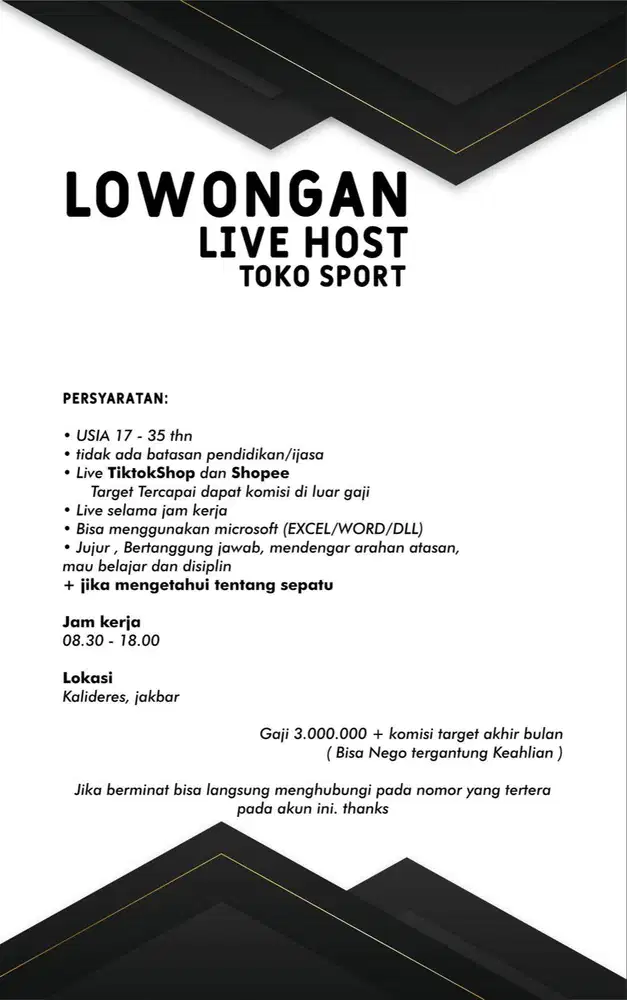 LOWONGAN LIVE HOST TOKO SPORT