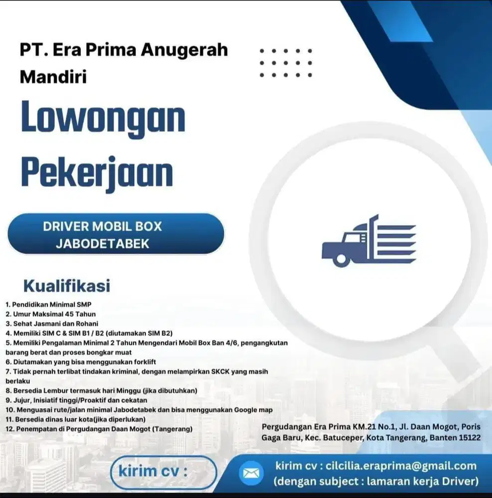 LOWONGAN KERJA DRIVER MOBIL BOX