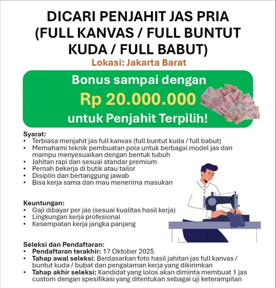 DICARI PENJAHIT JAS PRIA -FULL KANVAS / FULL BUNTUT KUDA / FULL BABUT