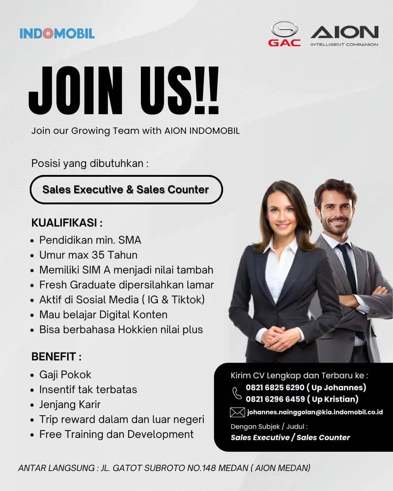 Dibutuhkan Segera Sales Executive dan Sales Counter GAC AION