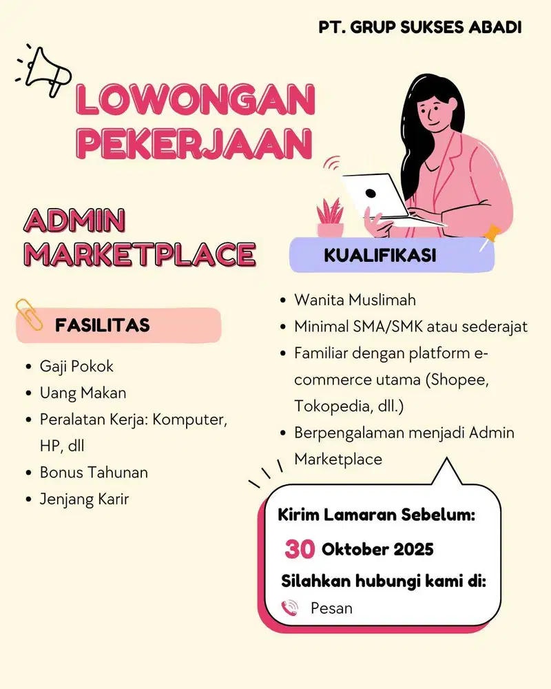 Dicari Admin Marketplace Secepatnya