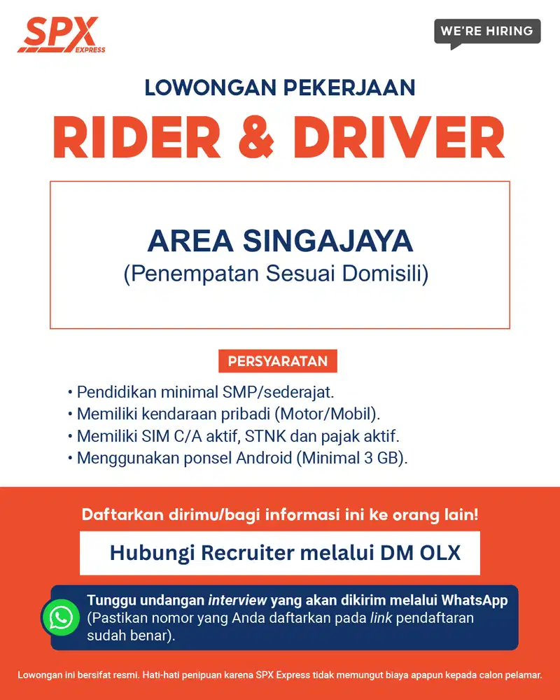 DIBUTUHKAN CEPAT KURIR SPX AREA SINGAJAYA!