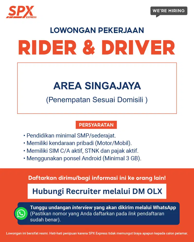 Dibutuhkan segera kurir SPX area Singajaya