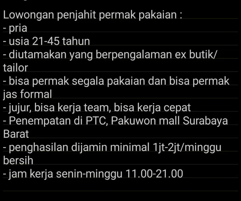 Lowongan penjahit permak penghasilan dijamin tinggi