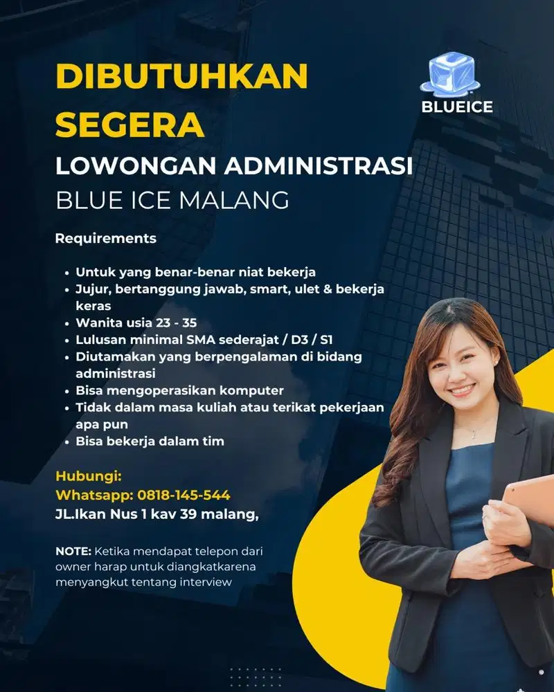 lowongan admin blue ice malang