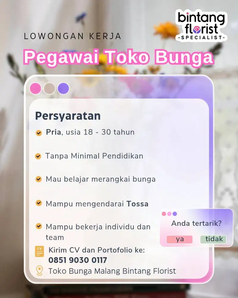 Lowongan Kerja Malang Pegawai Toko Bunga