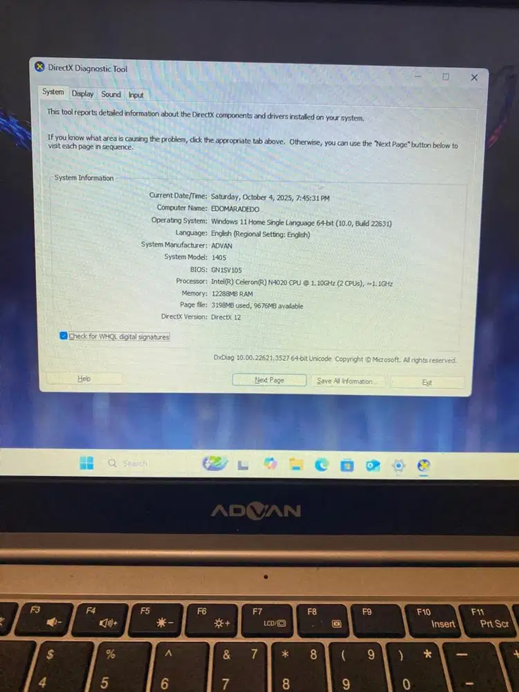 leptop advan ram 4