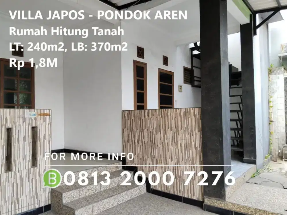 Dijual Rumah 2 Lt Harga Hitung Tanah di Villa Japos Pondok Aren -15219