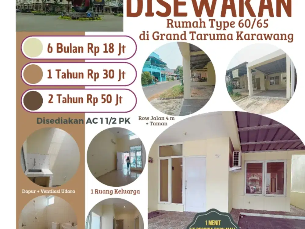 DISEWAKAN RUMAH TYPE 60/65 DI GRAND TARUMA  KARAWANG