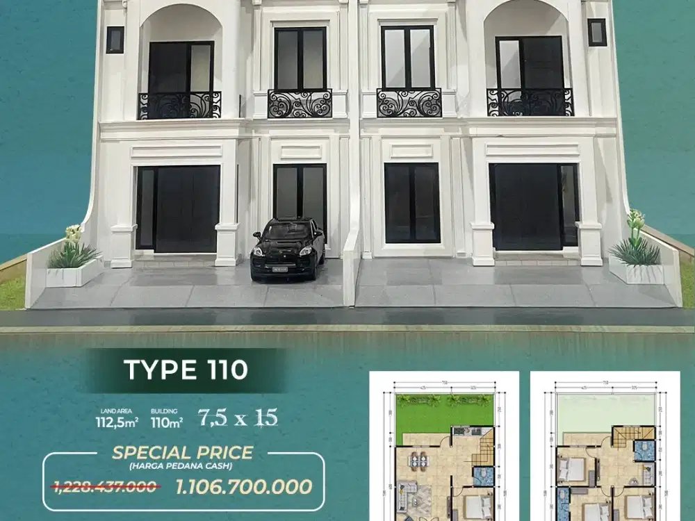 RUMAH AMERICAN CLASSIC 2 LANTAI CARPORT 2 MOBIL